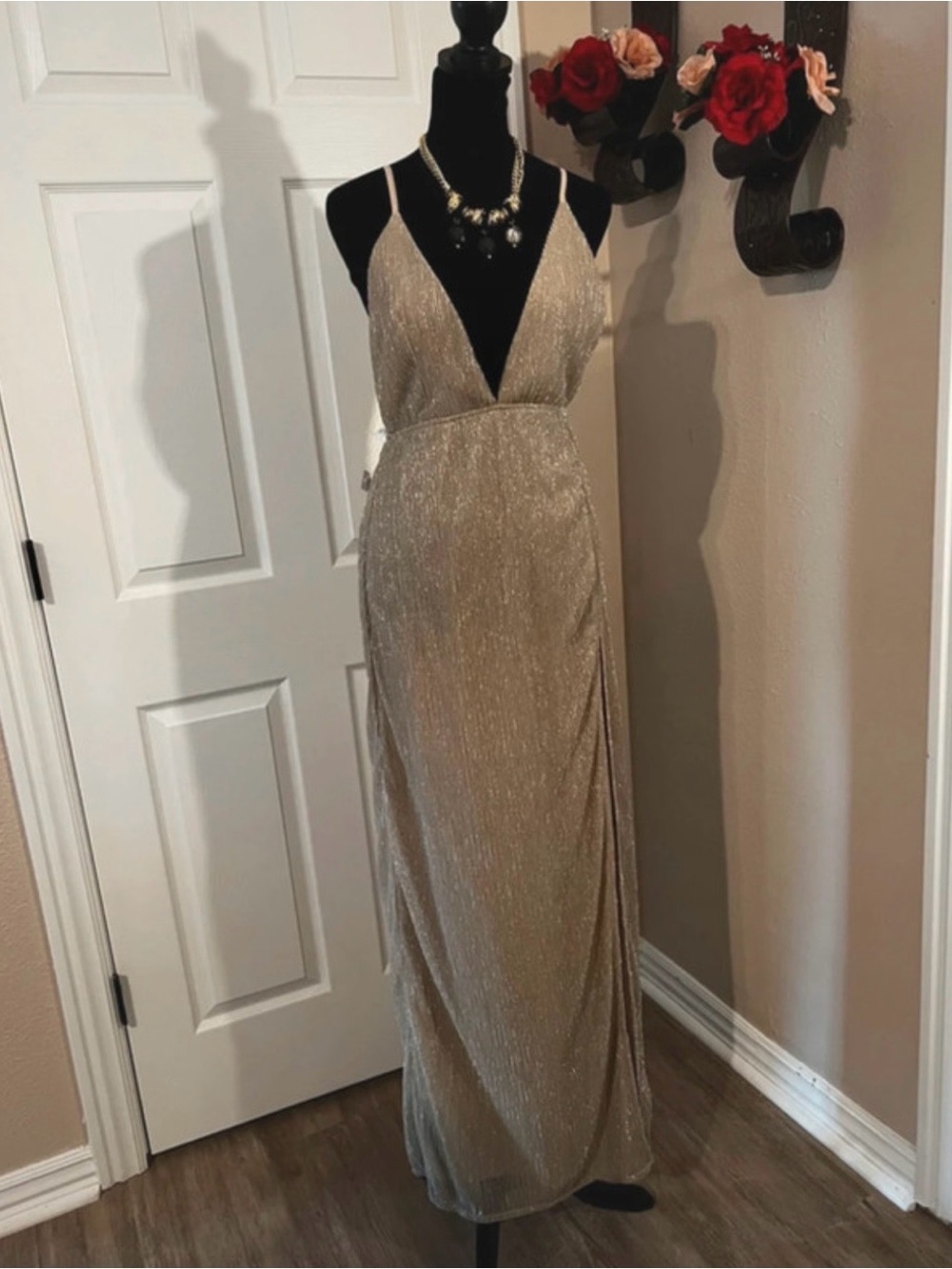 Gold beige Plunge V-Neck Evening Gown Bridesmaid Dress